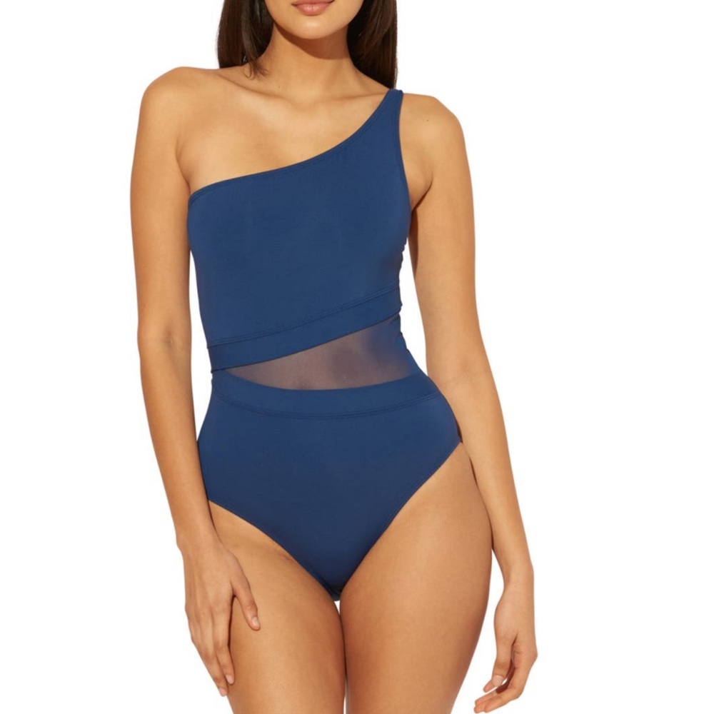 BLEU by Rod Beattie Don’t Mesh With Me One-Shoulder One-Piece Swimsuit EUC navy